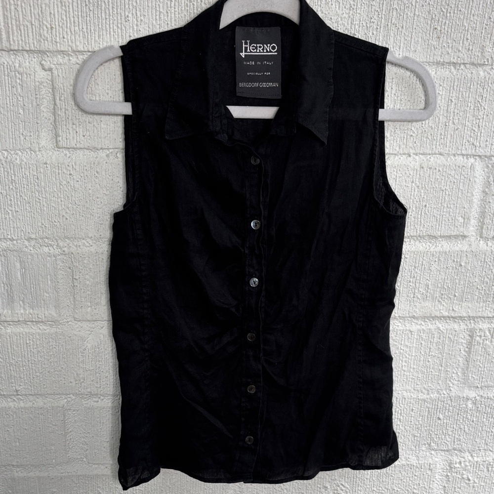 Herno Bergdorf Goodman Linen Black Button Down Sleeveless Shirt sz 42